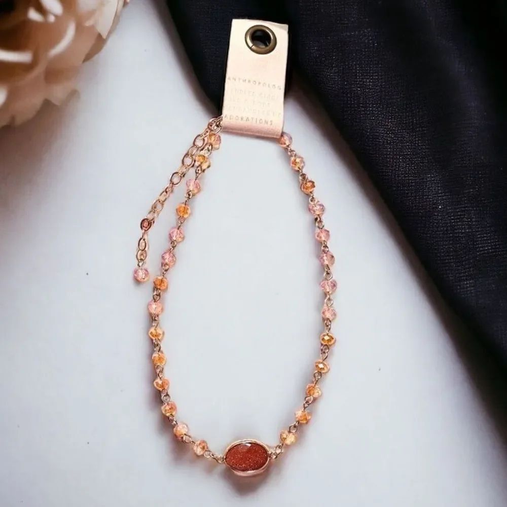 Anthropologie Gold Sandstone Champagne Crystal Beaded Necklace NWT